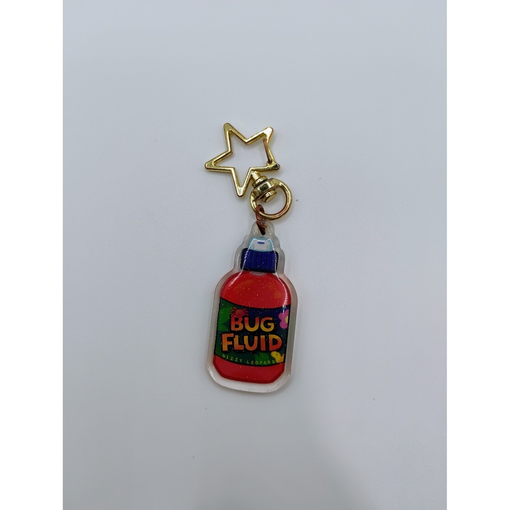 Dizzy Leopard Bug Fluid Keychain Gold Star Clasp Acrylic Charm Glitter Red